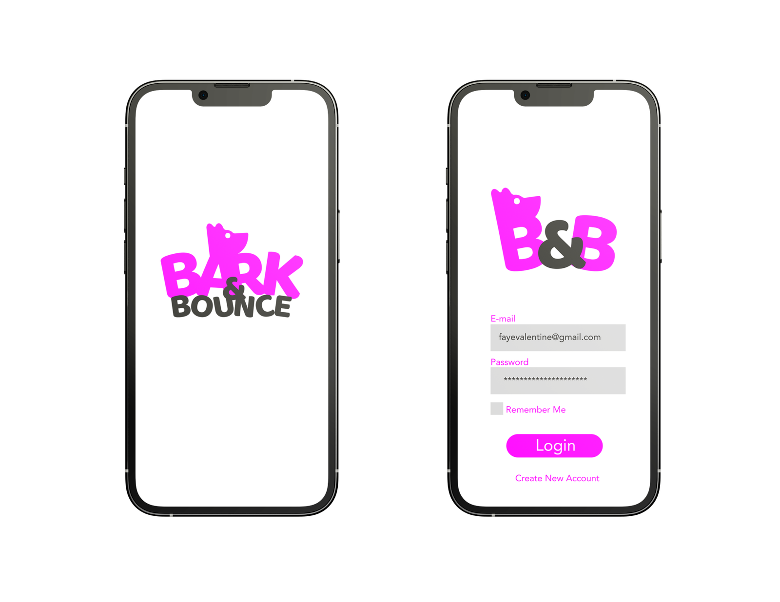 Bark& Bounce dog app login screen phone mock-up
